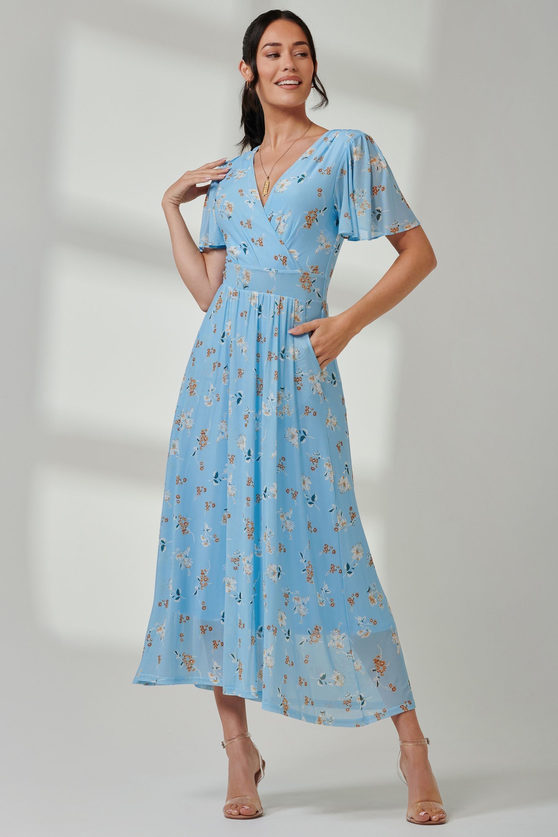 Buy Jolie Moi Blue Gracelyn Wrap Front Mesh Maxi Dress from Next Ireland