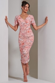 Jolie Moi Dark Pink Angel Sleeve Ruched Mesh Midi Dress - Image 1 of 7