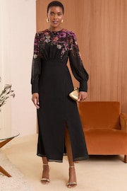 Love & Roses Black Placement Floral Printed Long Sleeve Midi Dress - Image 1 of 4