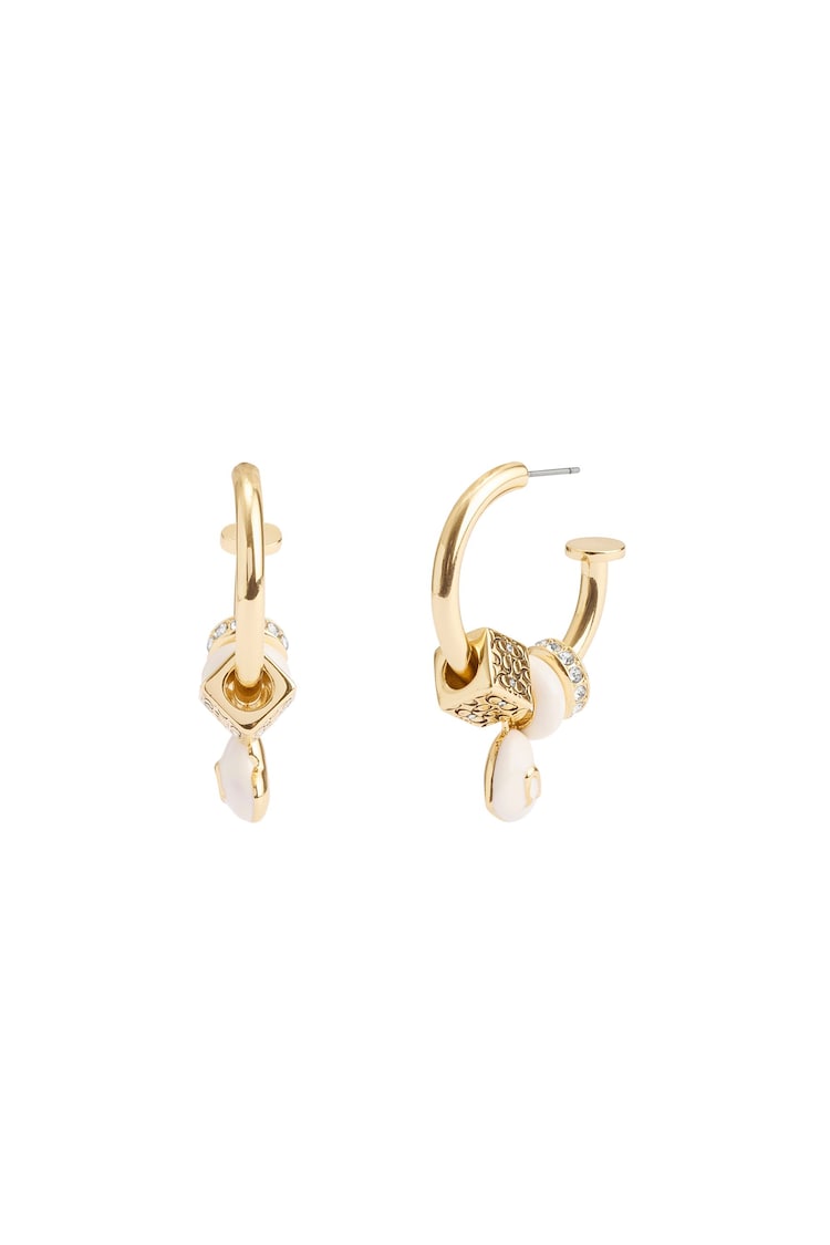 COACH Gold Tone Signature Enamel Heart Charm Hoop Earrings - Image 1 of 4