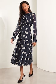 Lipsy Navy Blue Petite Long Sleeve Gathered Waist Polka Dot Midi Dress - Image 1 of 4