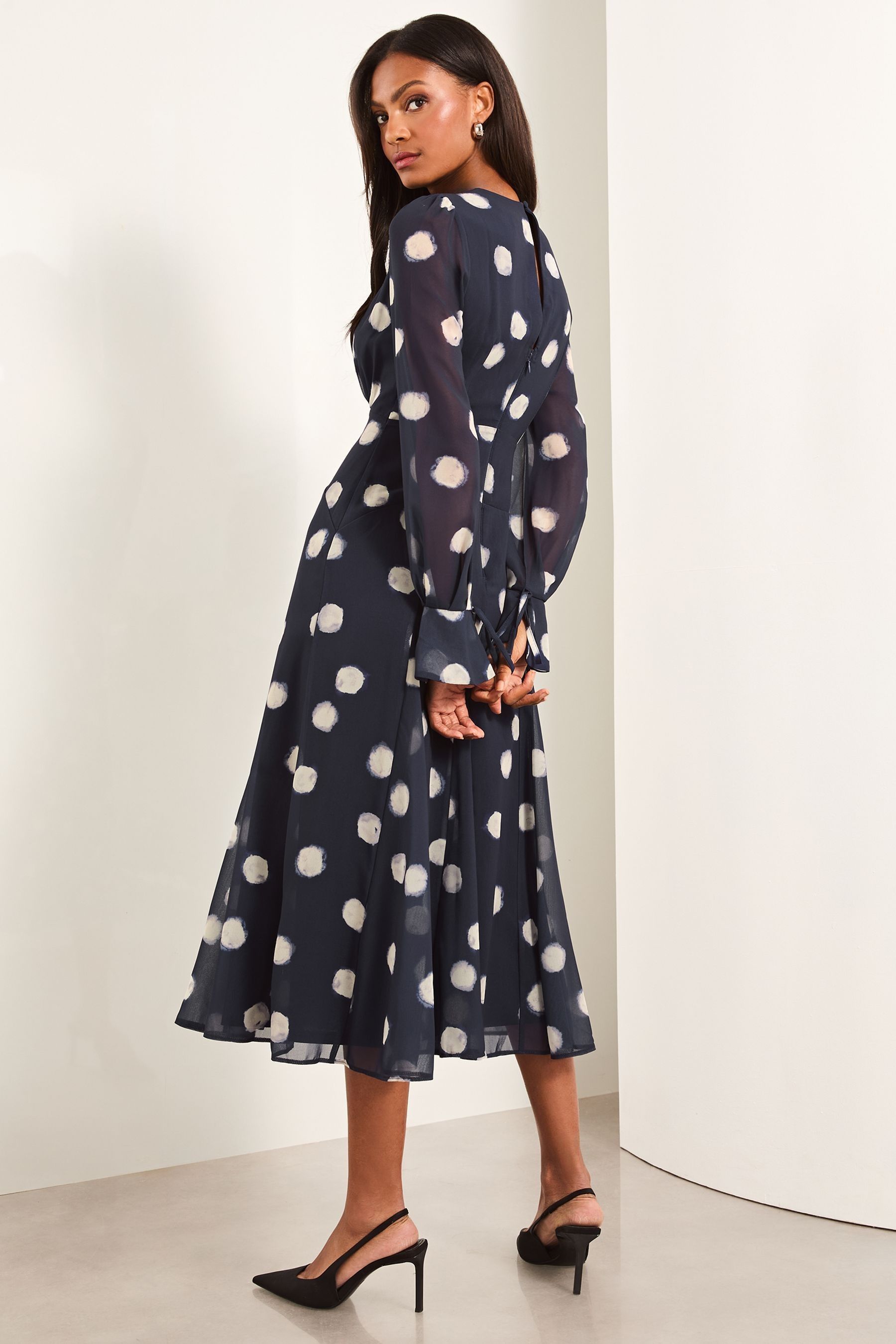 Buy Lipsy Navy Blue Petite Long Sleeve Gathered Waist Polka Dot Midi Dress from the Next UK online shop