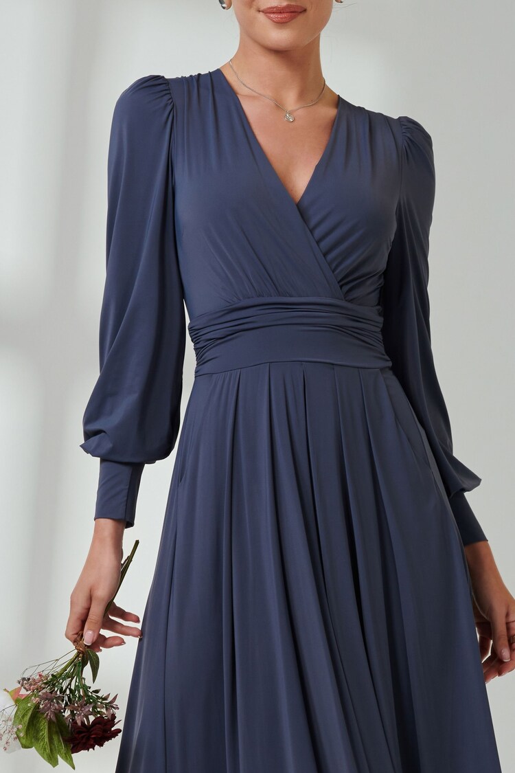 Jolie Moi Blue Long  Sleeve Soft Silky Jersey Maxi Dress - Image 3 of 6