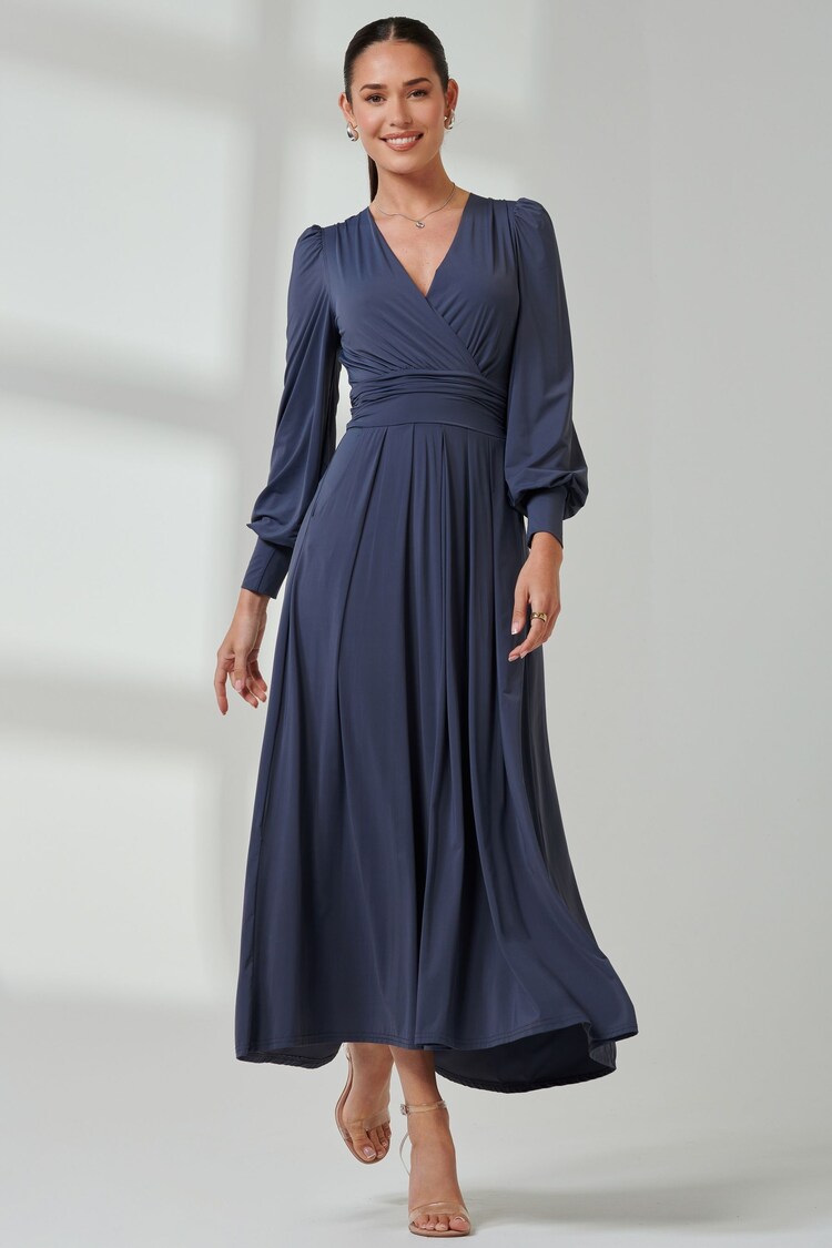 Jolie Moi Blue Long  Sleeve Soft Silky Jersey Maxi Dress - Image 5 of 6