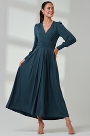 Jolie Moi Green Long  Sleeve Soft Silky Jersey Maxi Dress - Image 1 of 6