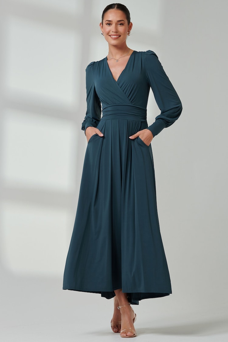 Jolie Moi Green Long  Sleeve Soft Silky Jersey Maxi Dress - Image 6 of 6
