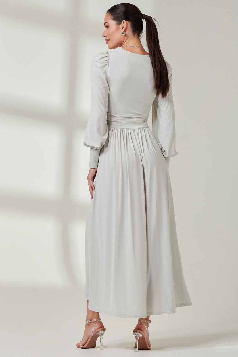 Jolie Moi Grey Long  Sleeve Soft Silky Jersey Maxi Dress - Image 2 of 6