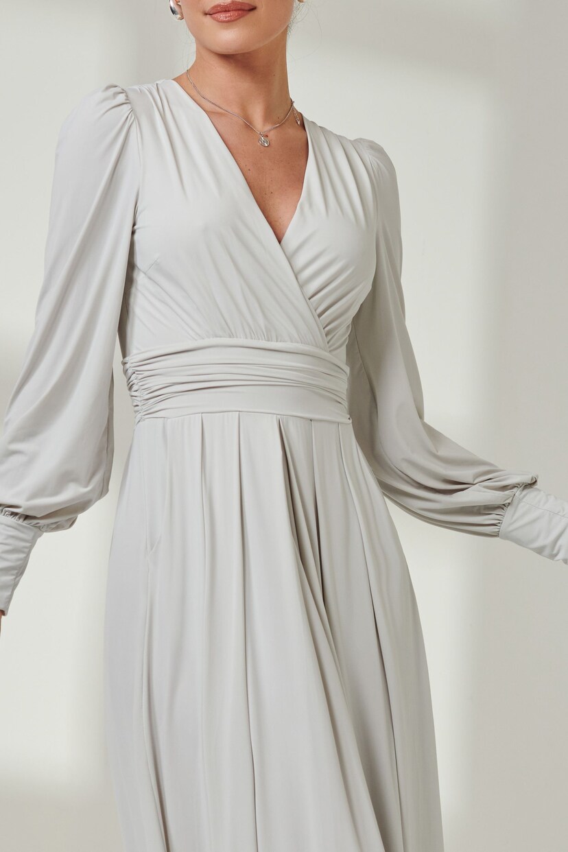 Jolie Moi Grey Long  Sleeve Soft Silky Jersey Maxi Dress - Image 3 of 6