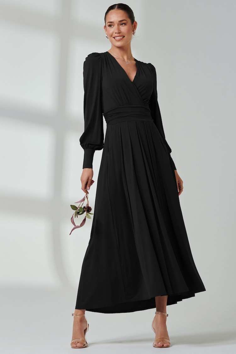 Jolie Moi Black Long  Sleeve Soft Silky Jersey Maxi Dress - Image 1 of 6