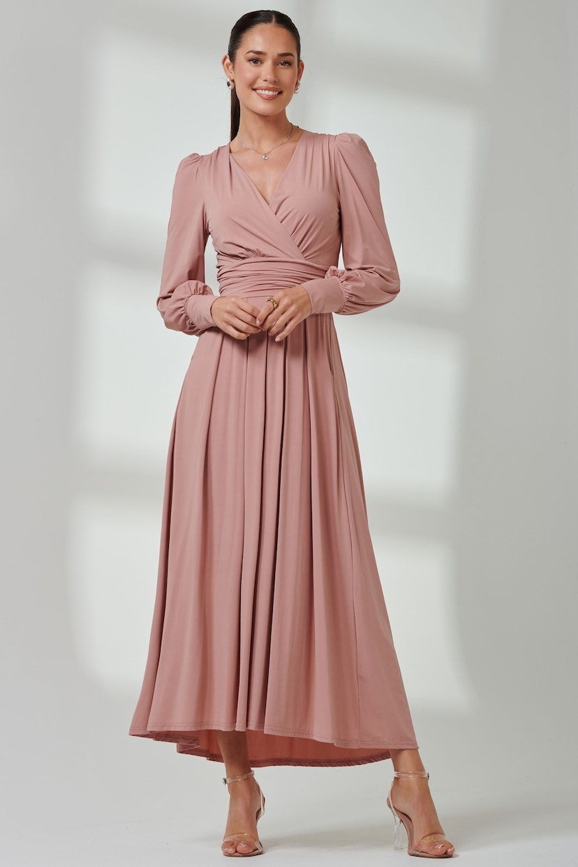 Jolie Moi Pink Long  Sleeve Soft Silky Jersey Maxi Dress - Image 1 of 6