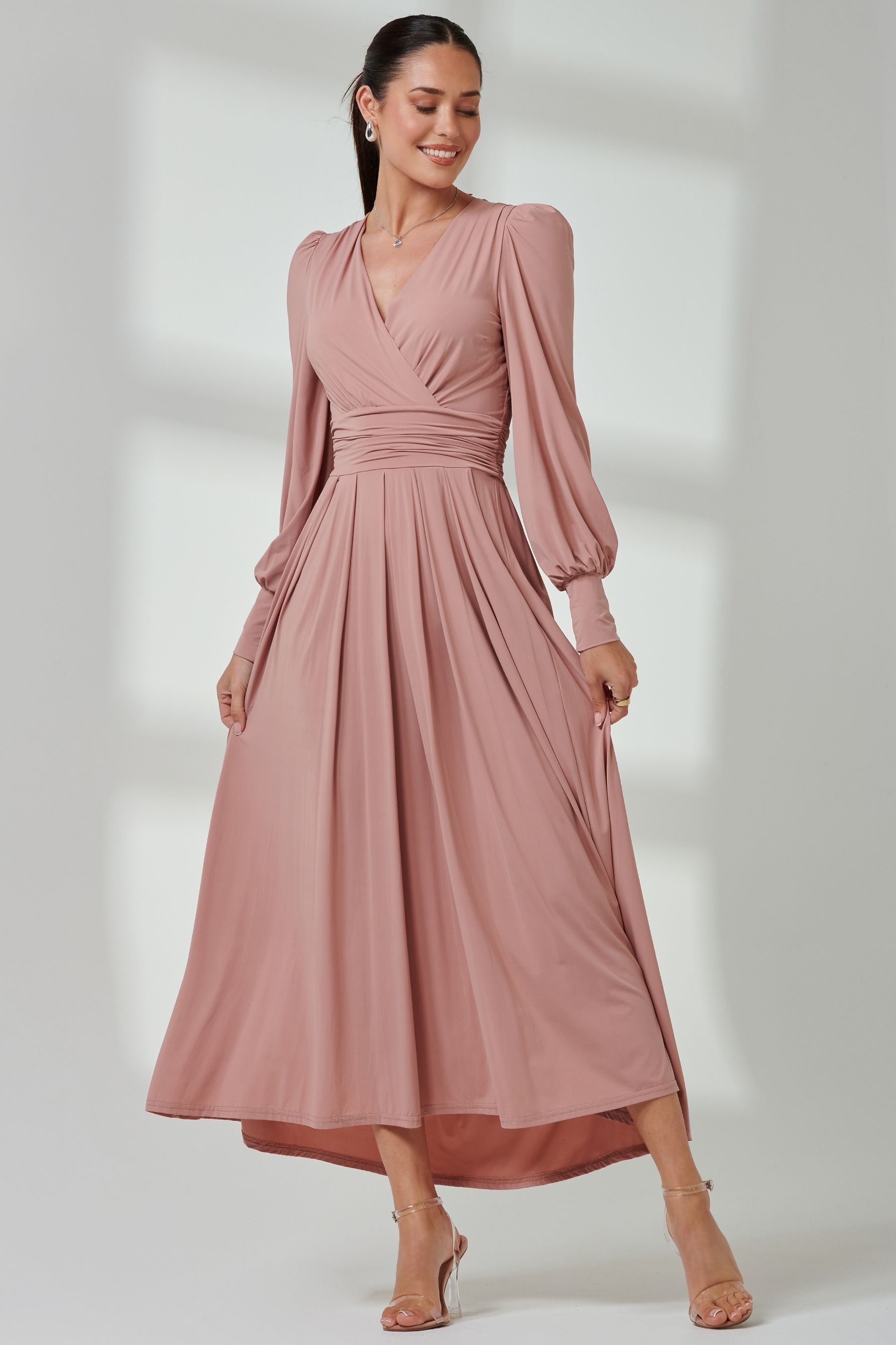 Jolie Moi Pink Long Sleeve Soft Silky Jersey Maxi Dress