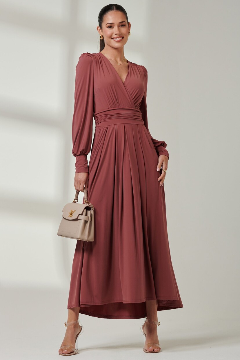 Jolie Moi Red Long  Sleeve Soft Silky Jersey Maxi Dress - Image 1 of 6