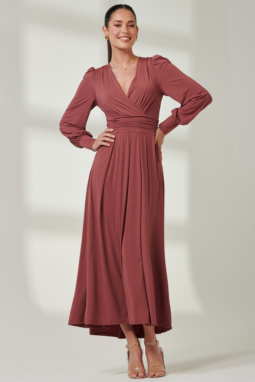 Jolie Moi Red Long  Sleeve Soft Silky Jersey Maxi Dress - Image 5 of 6