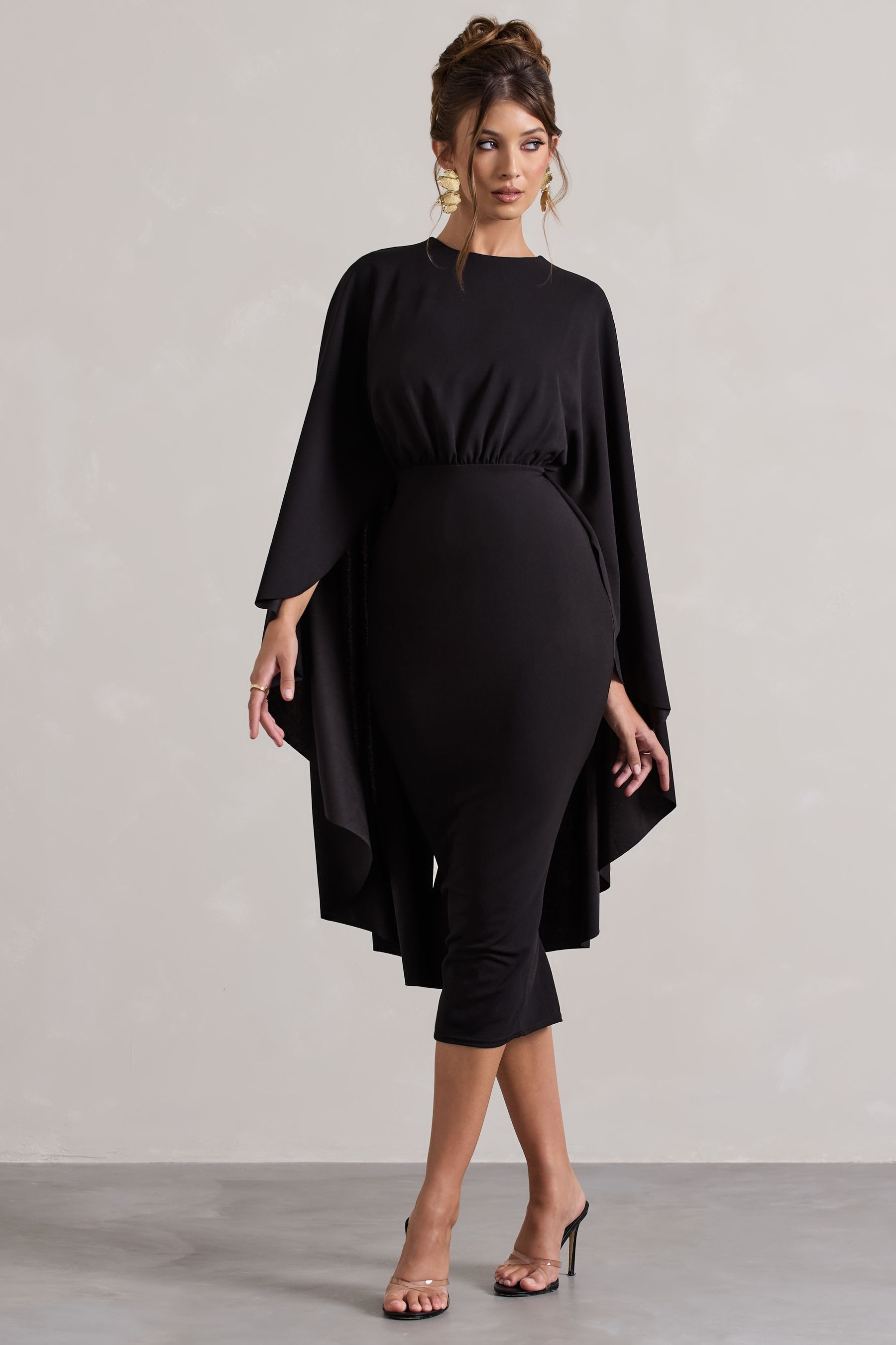 Buy Club L London Black Tranquility Gathered Midi Dress With Cape from Next Luxembourg