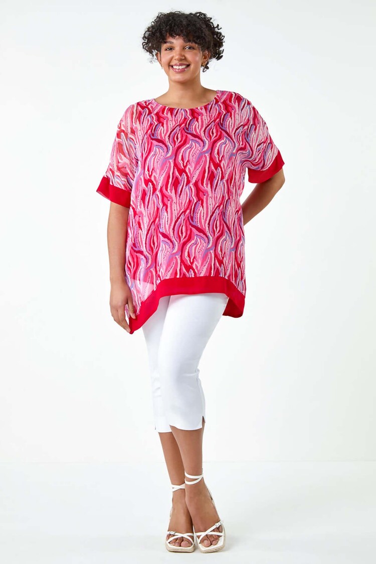 Roman Pink Abstract Print Chiffon Overlay Top - Image 2 of 5