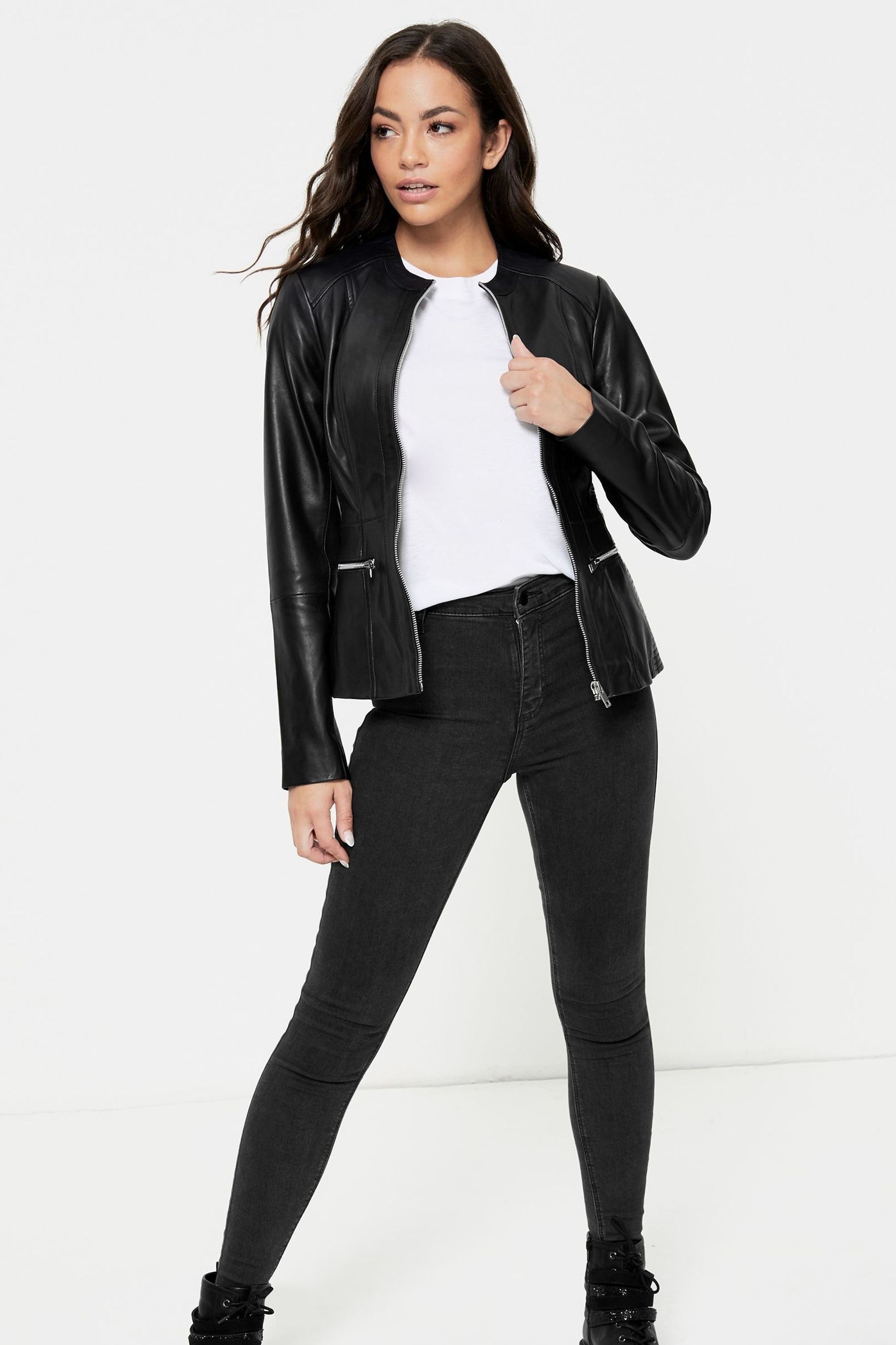 Collarless leather jacket top