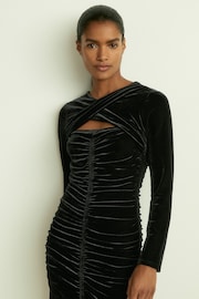 Reiss Black Sia Velvet Ruched Twist-Front Midi Dress - Image 3 of 6