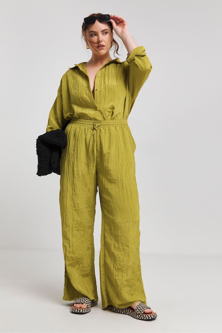 Simply Be Green Textured Satin Wide Leg Trousers - Image 1 of 4