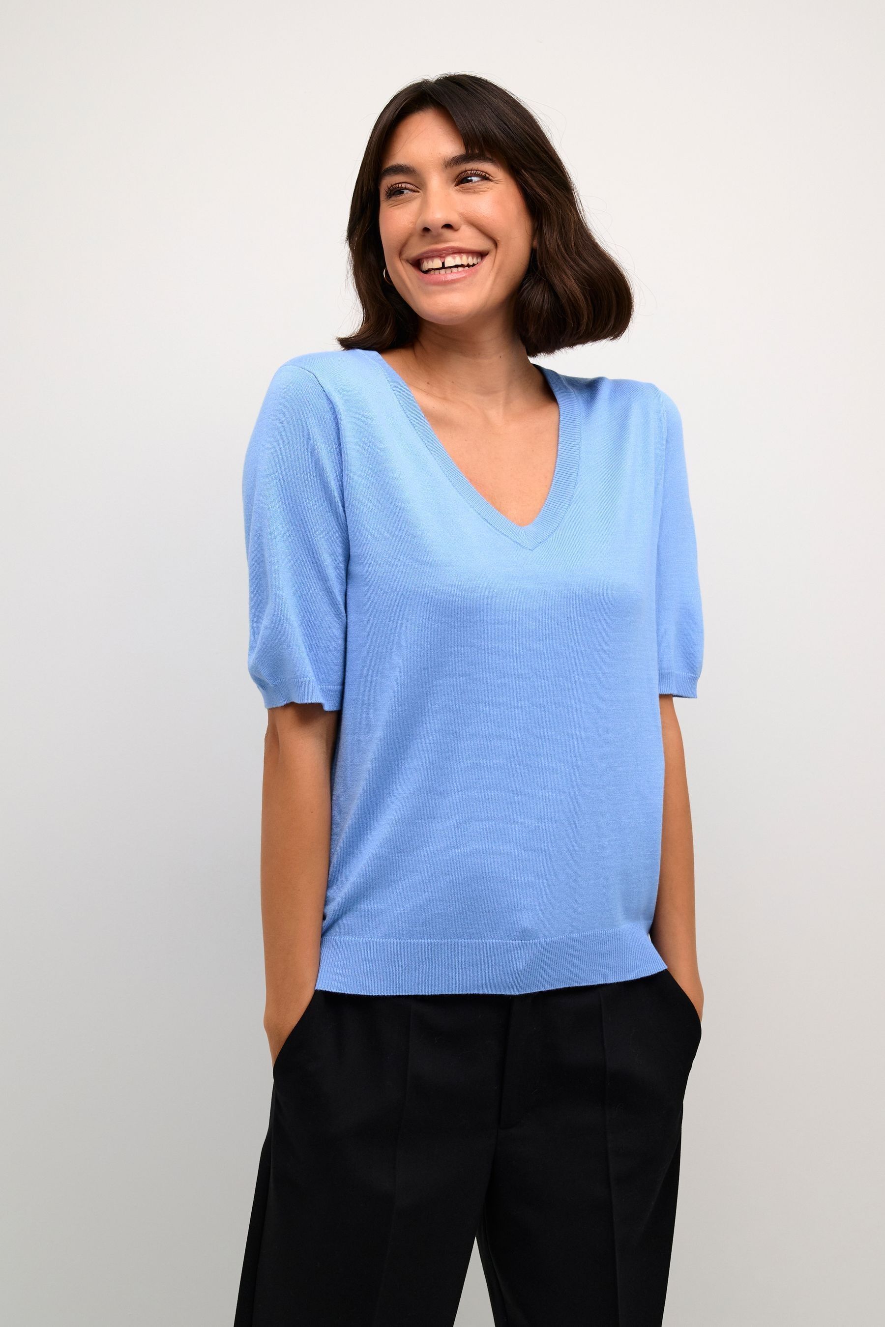 Buy Kaffe Blue Lizza V Neck Short Sleeve Pullover Jumper from the Next UK online shop