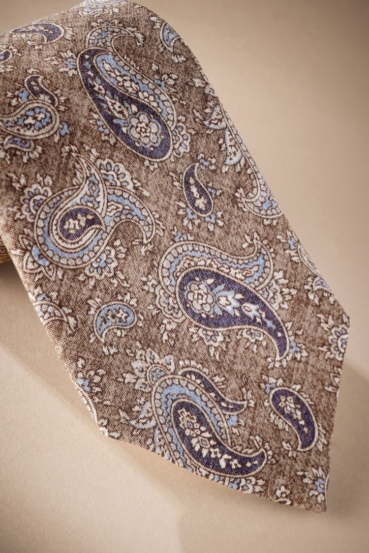 Neutral Brown/Blue Paisley - Signature Made In Italy Printed Melange Tie - 圖片 2，共 3