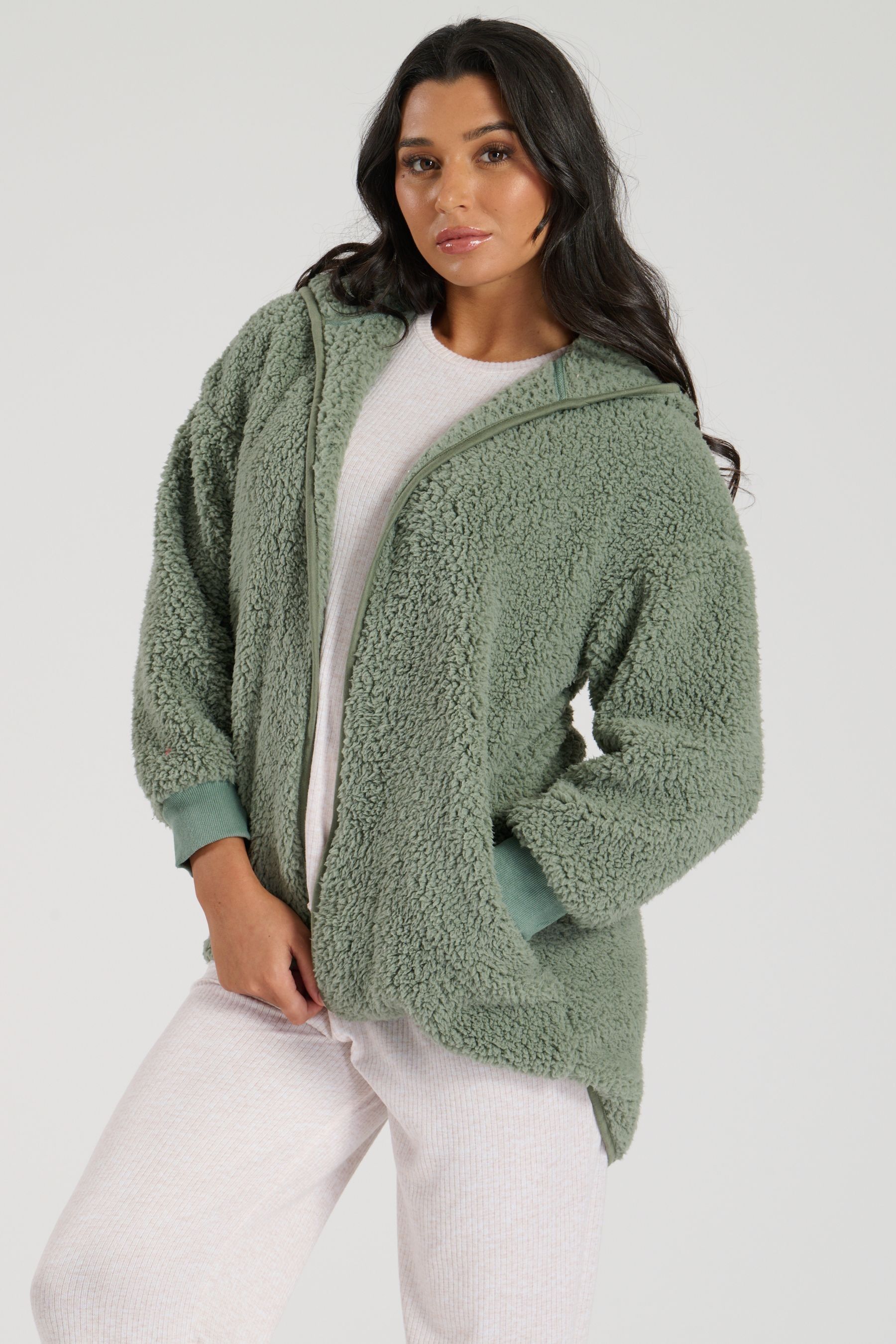 Buy Loungeable Green Borg Button Lounge Hooded Cardigan from Next Ireland