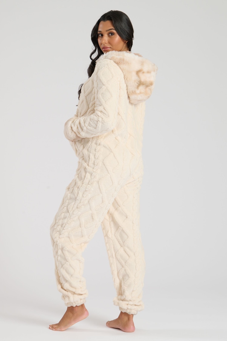 Loungeable Cream Cable Cut Sherpa With Faux Fur Trim All-In-One - Image 2 of 6