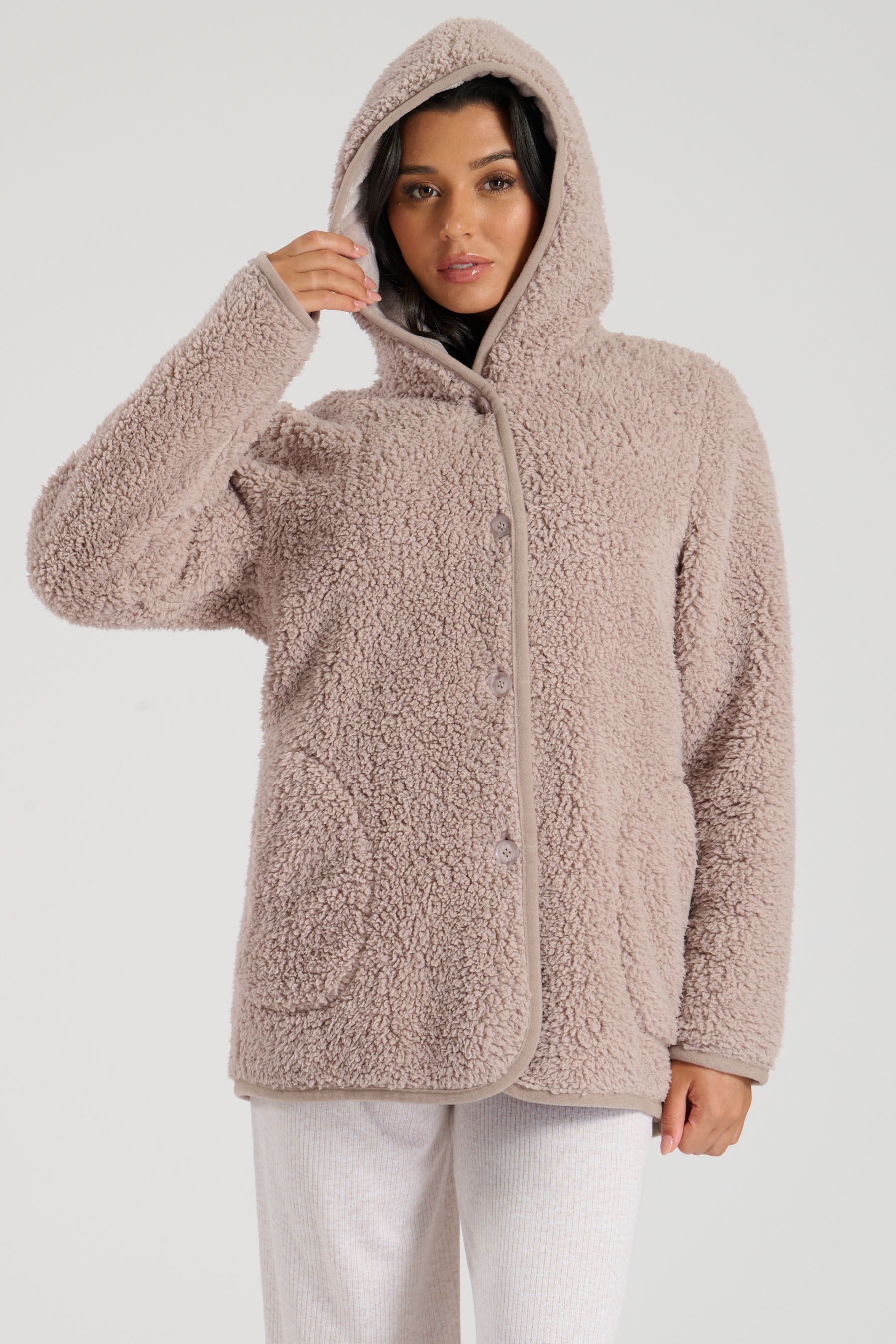 Buy Loungeable Brown Borg Button Lounge Hooded Cardigan from Next Germany