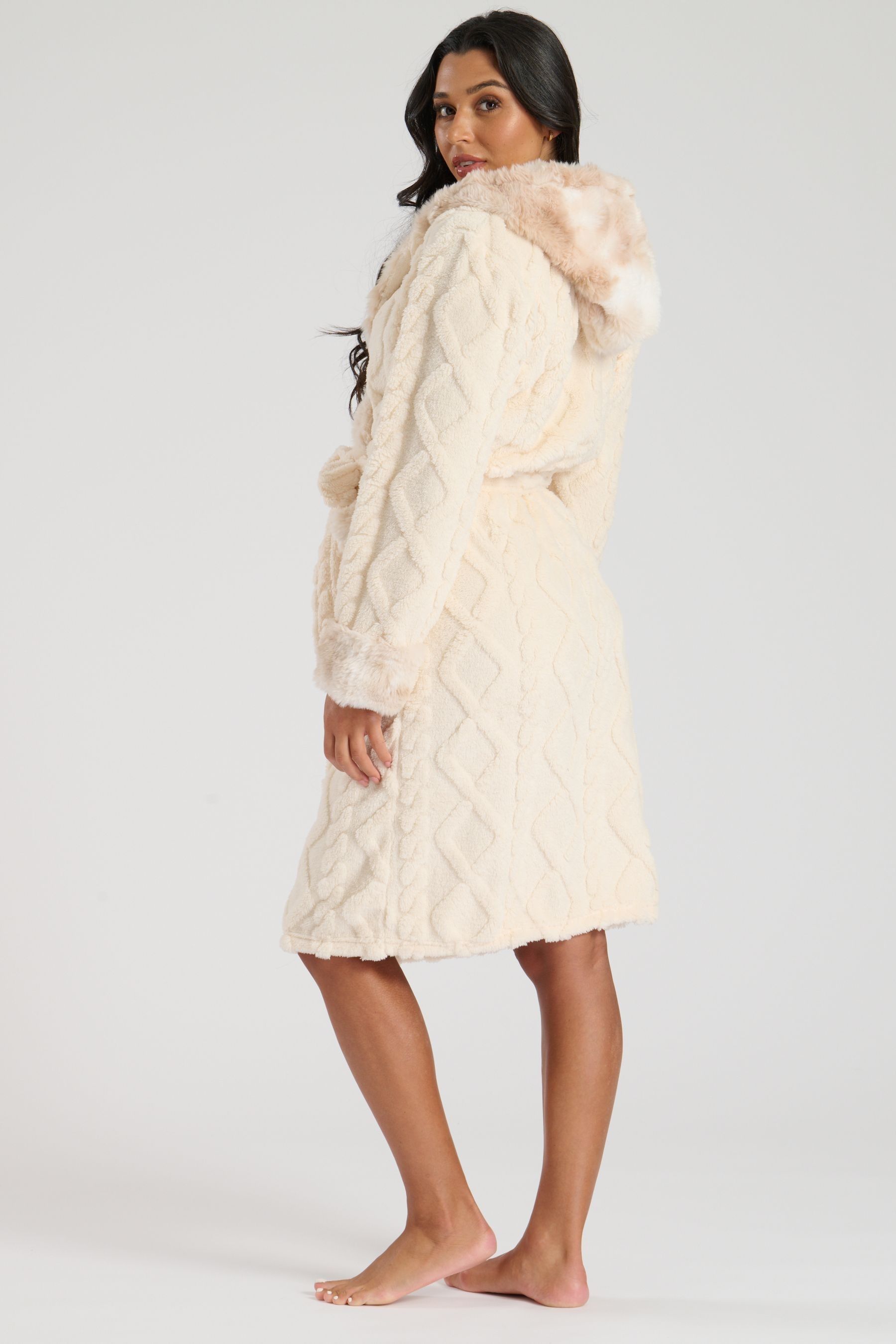 Buy Loungeable Cream Cable Sherpa With Faux Fur Trim Midi Hooded Robe from the Next UK online shop