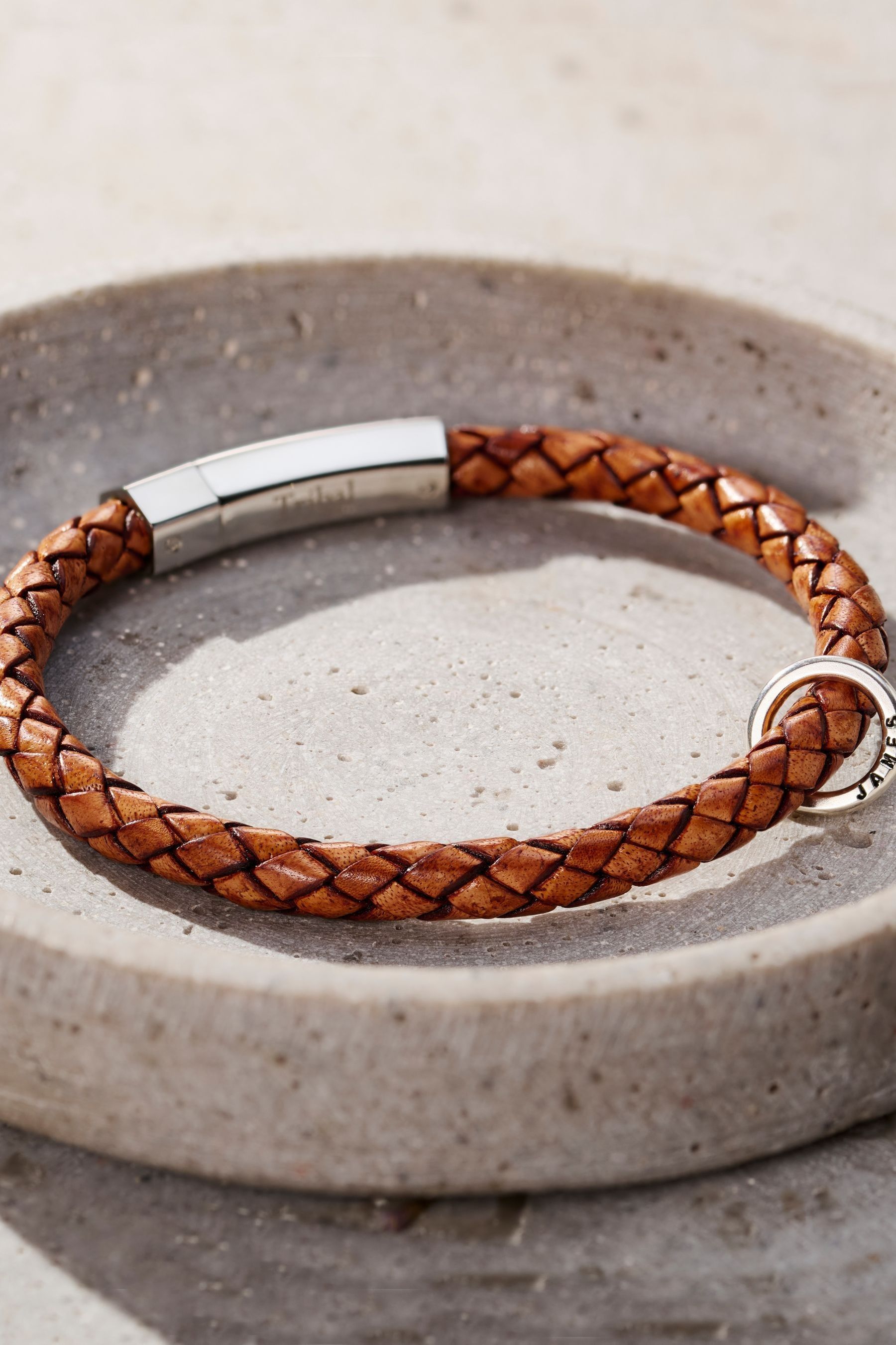 Posh Totty Designs Mens Gold Tone Personalised Message Plaited Leather Bracelet