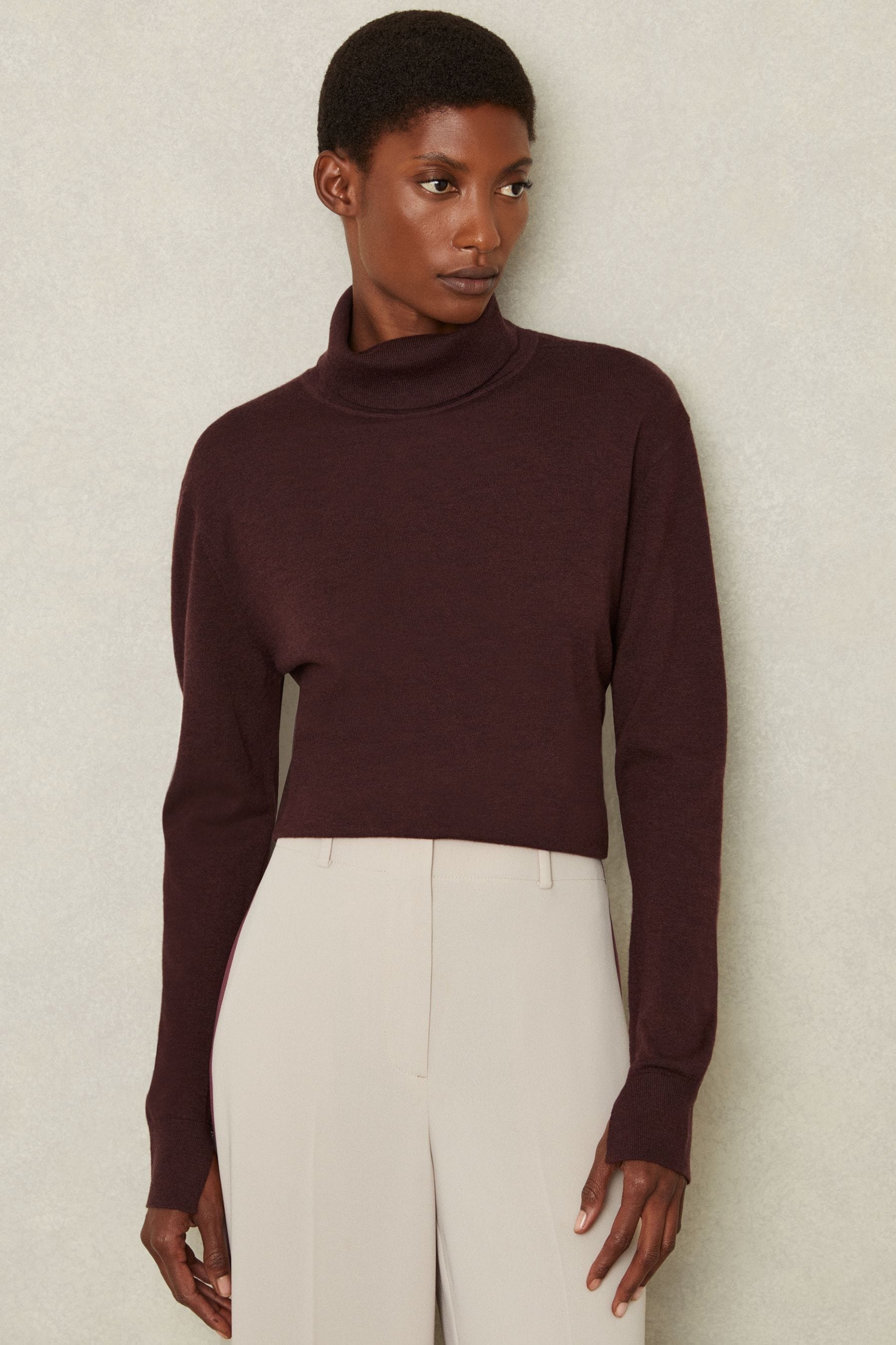 Burgundy roll neck jumper deals