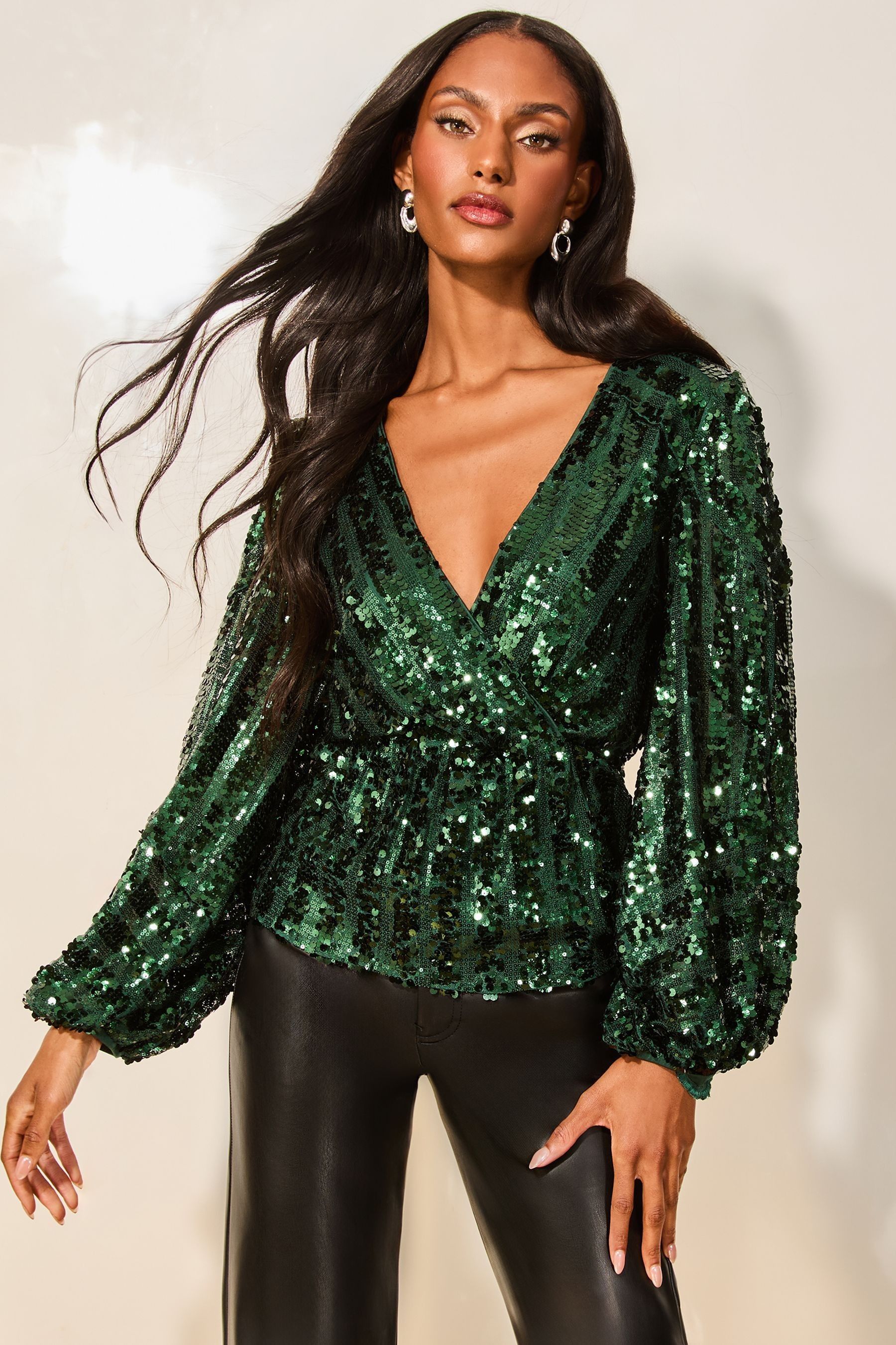 Buy Lipsy Green Sequin Wrap Top from Next Malta