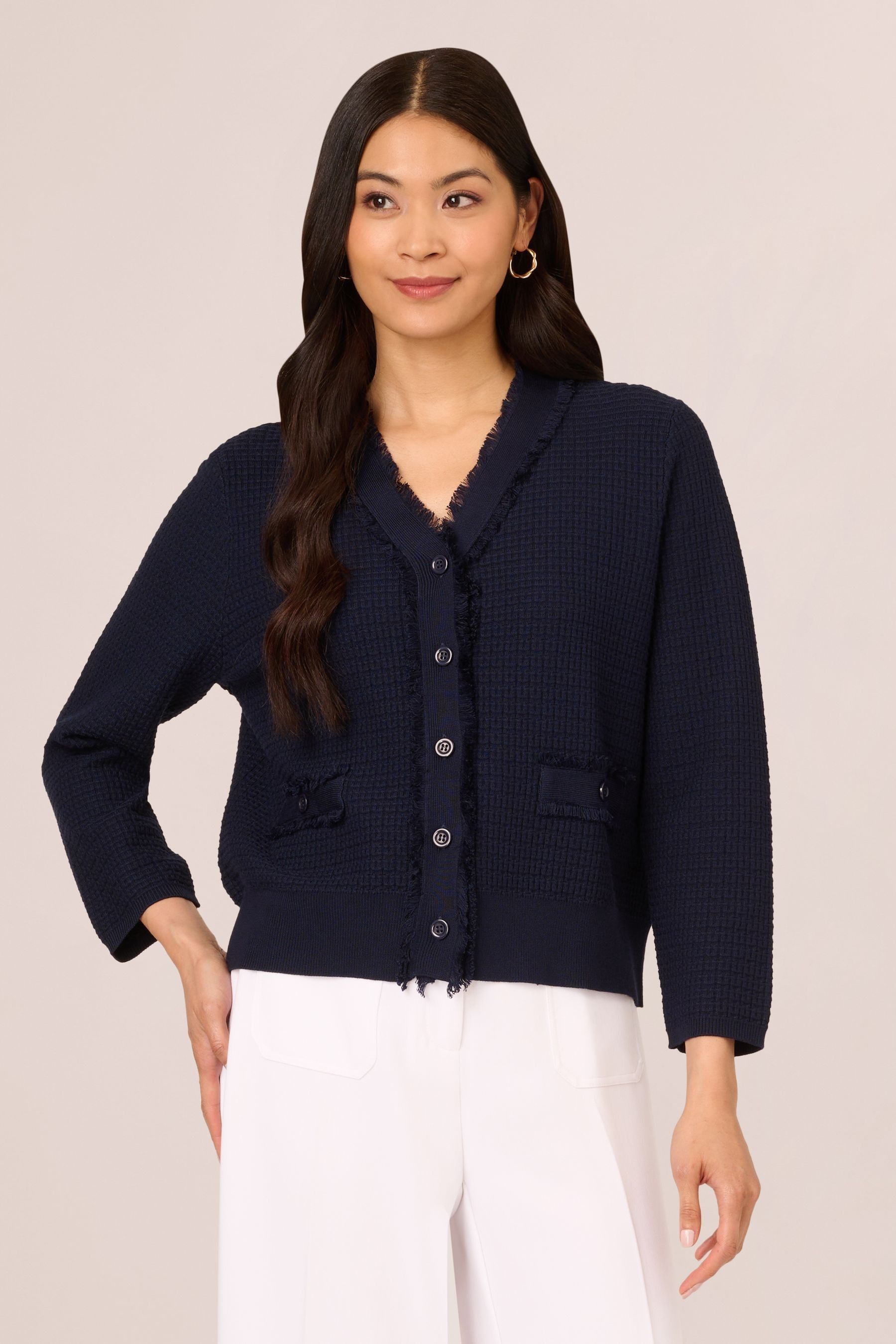 Buy Adrianna Papell Blue Knit Frayed Waffle Crop Cardigan Sweater from Next Luxembourg