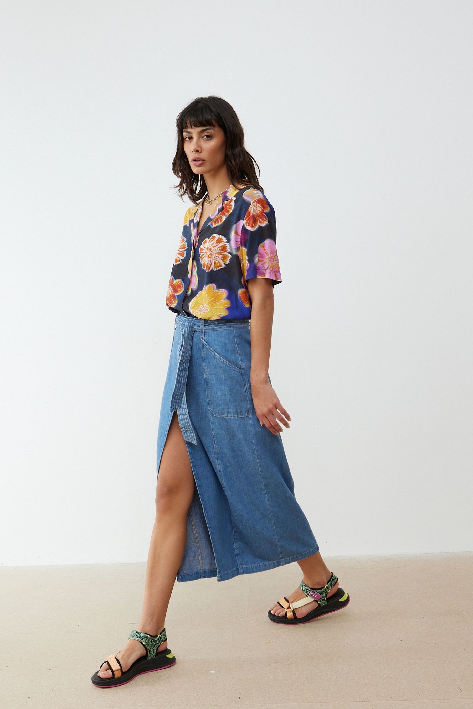 Buy Oliver Bonas Blue Tie Waist Chambray Denim Midi Skirt from Next Oman