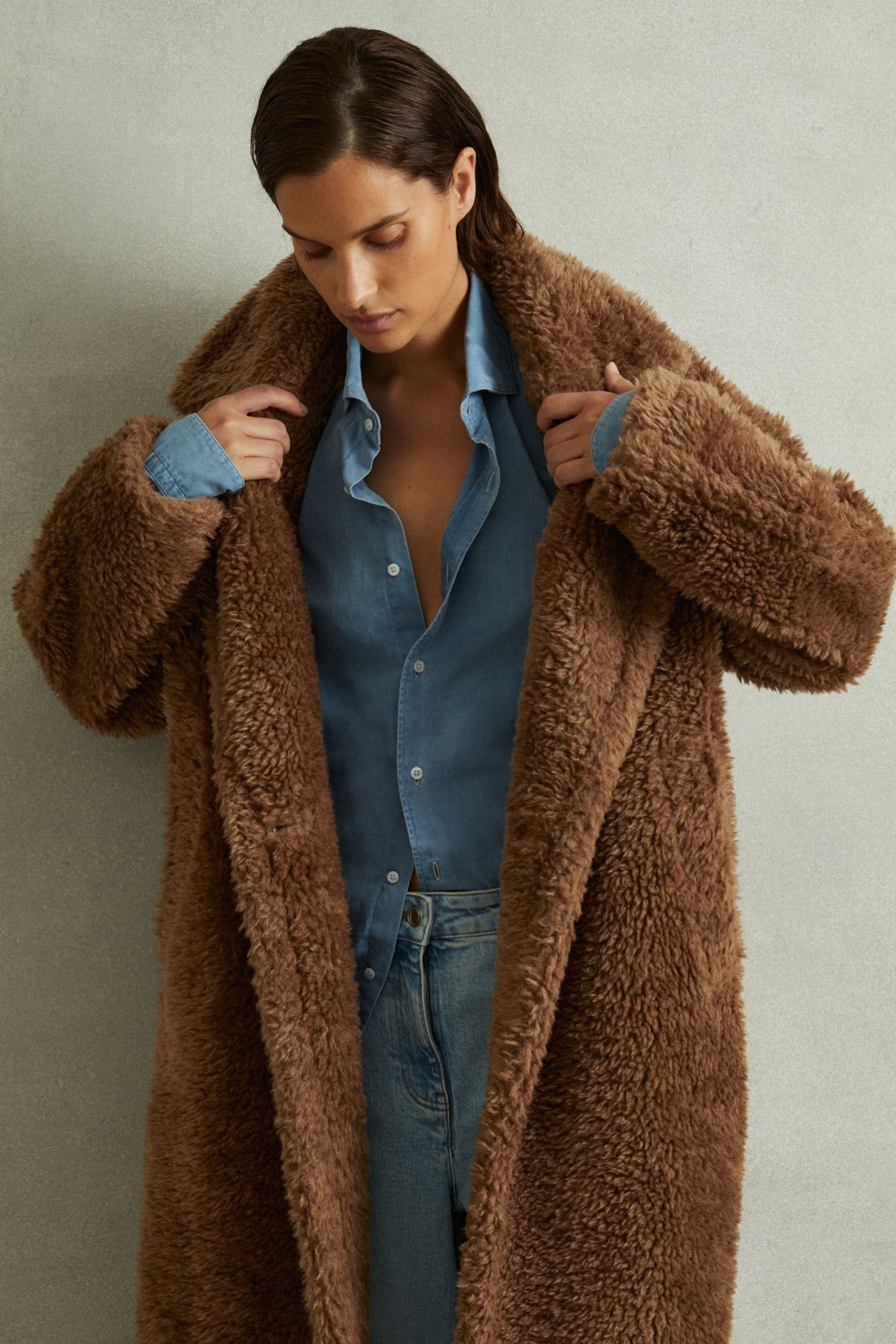 Buy Reiss Brown Darla Petite Teddy Coat with Wool from Next Oman