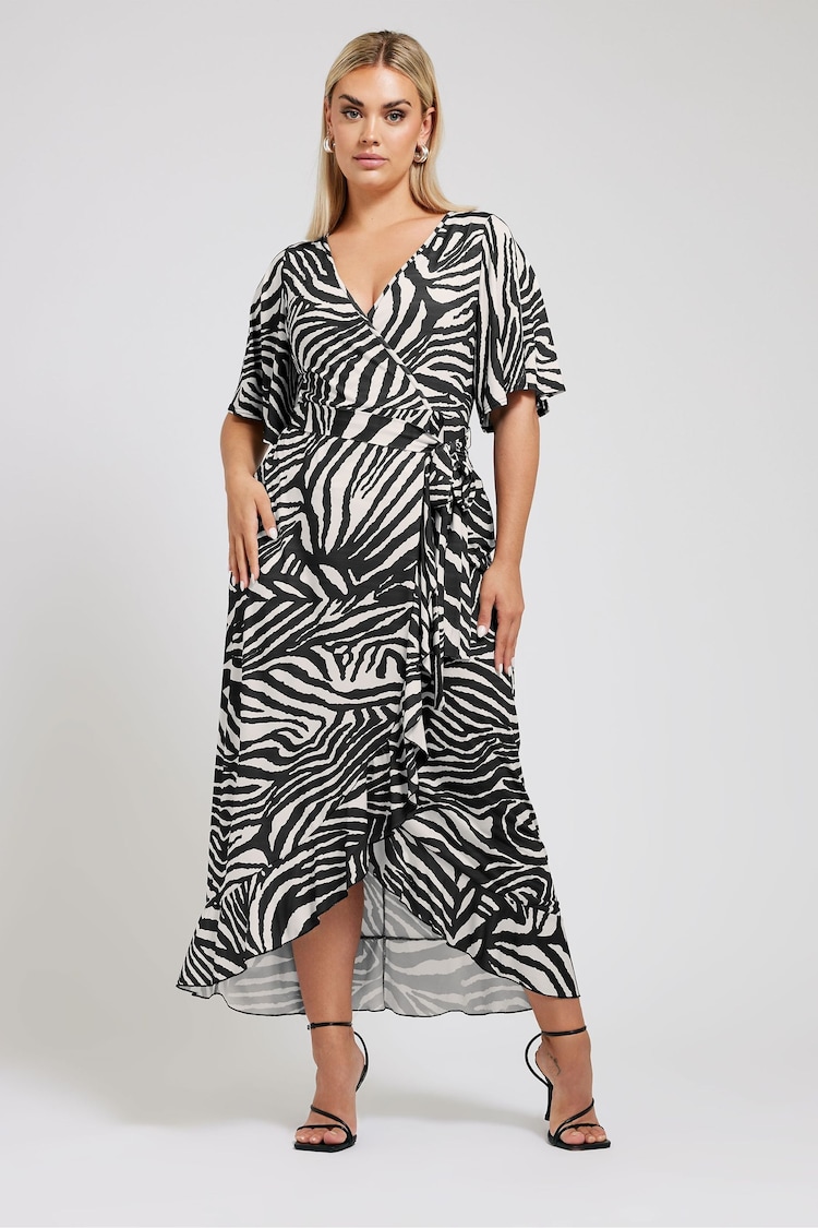 Yours Curve White Animal Print  Ruffle Hem Wrap Dress - Image 1 of 5