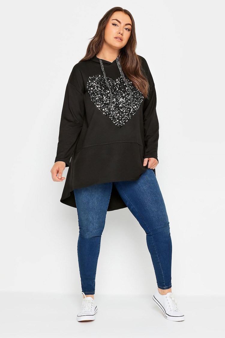 Yours Curve Black Heart Embellished Longline Hoodie - Image 2 of 5