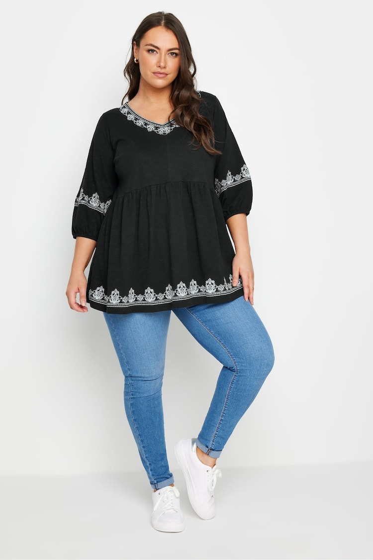 Yours Curve Black Embroidered 3/4 Smock Tunic - Image 2 of 5