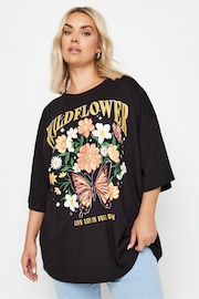 Yours Curve Black Oversized Wildflower Slogan 100% Cotton T-Shirt - Image 1 of 5