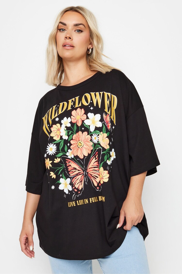 Yours Curve Black Oversized Wildflower Slogan 100% Cotton T-Shirt - Image 1 of 5