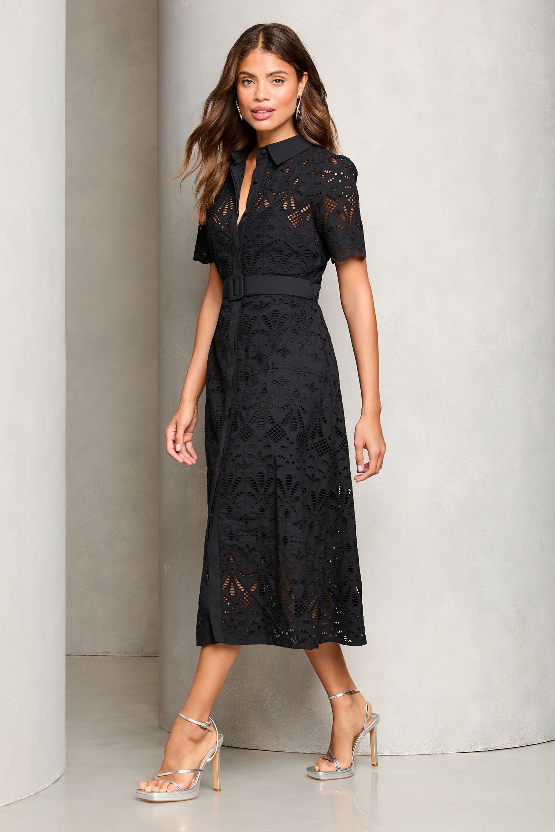 Buy Lipsy Black Premium Broderie Lace Belted Shirt Midi Dress from the Next UK online shop