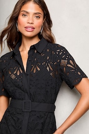 Lipsy Black Premium Broderie Lace Belted Shirt Midi Dress - Image 2 of 4