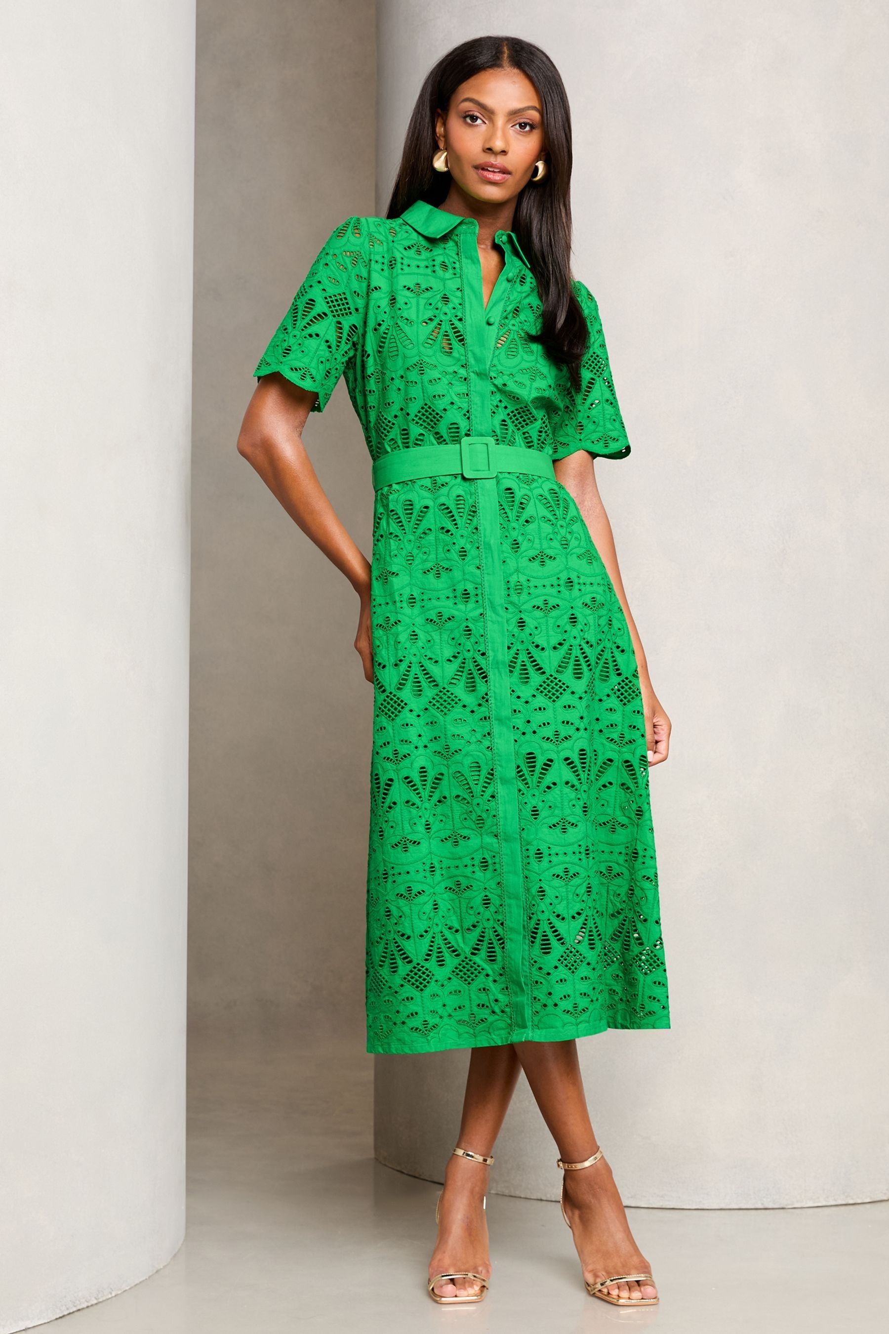 Lipsy Green Premium Broderie Lace Belted Shirt Midi Dress