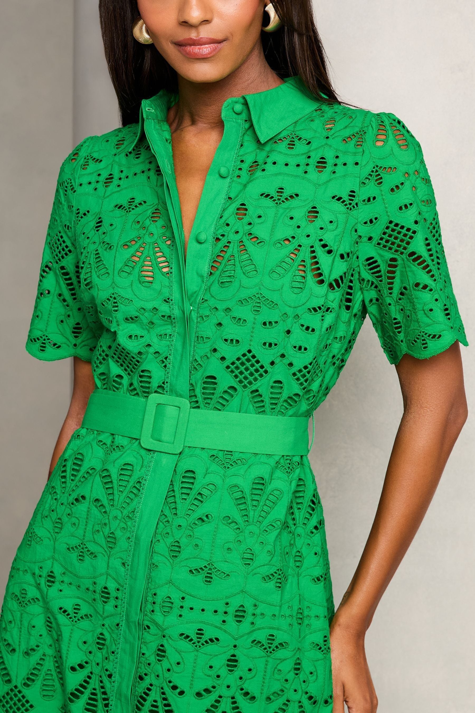 Lipsy Green Premium Broderie Lace Belted Shirt Midi Dress