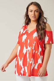 Evans Curve Orange Abstract Print Cold Shoulder Top - Image 3 of 5