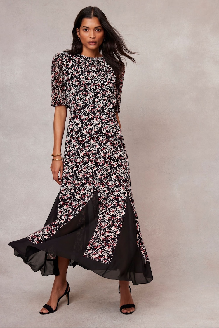 Mint Velvet Black Floral Print Godet Maxi Dress - Image 1 of 4