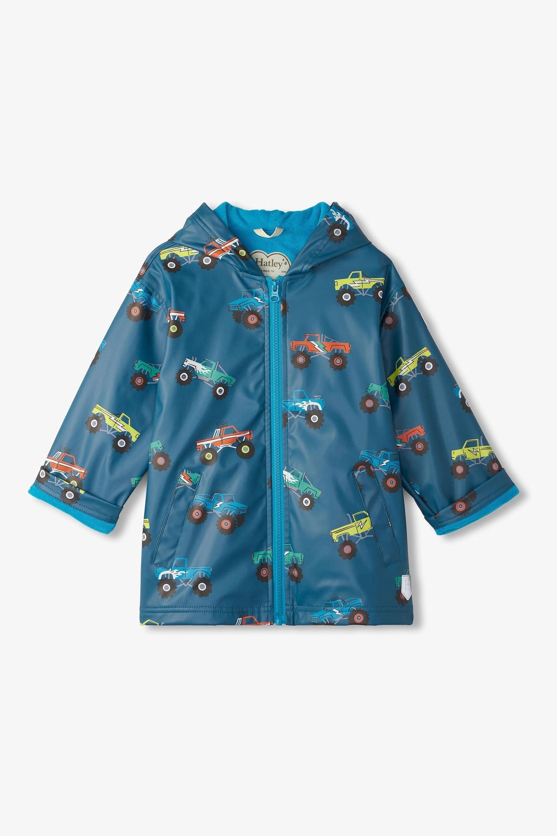 Hatley Blue Monster Trucks Zip Up Rain Jacket