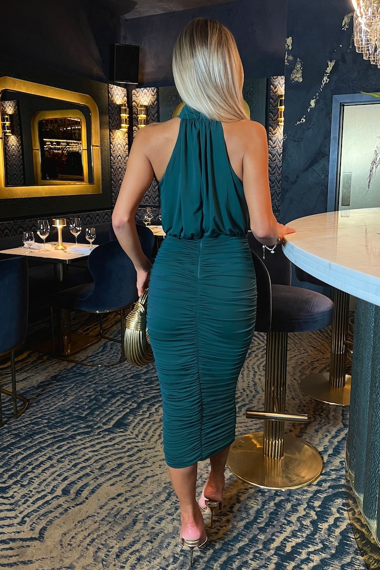 AX Paris Green Halter Neck Ruched Bodycon Midi Dress - Image 2 of 4