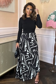 AX Paris Abstract Stripe Print 2 in 1 Long Sleeve Pleated Skirt Black Midi Dress - Image 1 of 4