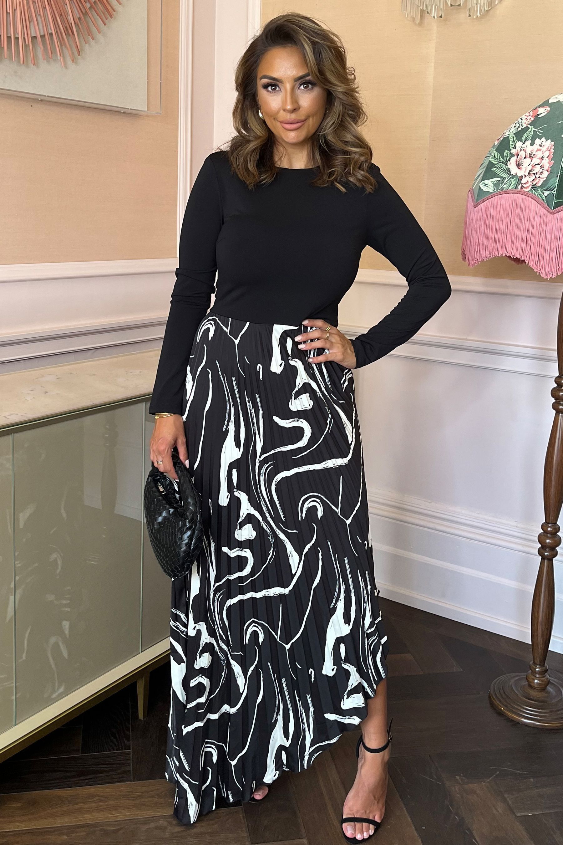 Buy AX Paris Abstract Stripe Print 2 in 1 Long Sleeve Pleated Skirt Black Midi Dress from Next USA