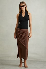 Reiss Chocolate Lisa Ruched Front Split Midi Skirt - Image 3 of 6